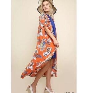 Umgee | Open Front Long Kimono Duster Leaf Print Boho Summer Orange Medium